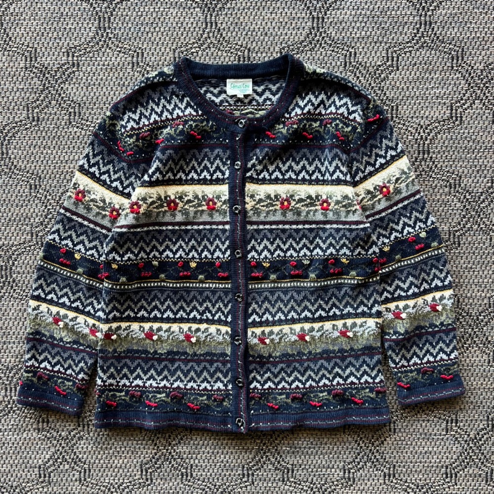 Vintage‎ Cottage Cove Sweater Womens Large Navy Fair Isle Cardigan Cottagecore